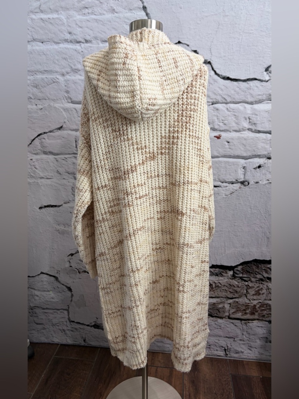Sundance Wool Blend Knit Crochet Long Sweater‎ Coat Hooded Pockets Neutral - Picture 4 of 6